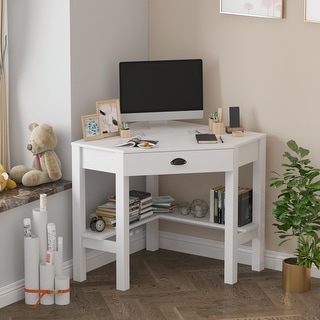 Kerrogee 1-Drawer White Corner Table with Storage Shelves