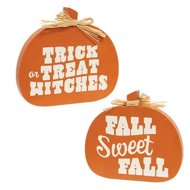2-Sided Wooden Pumpkin Sitter Fall Sweet Fall Trick Or Treat - 6.50” x 0.75” x 6” - White-Orange