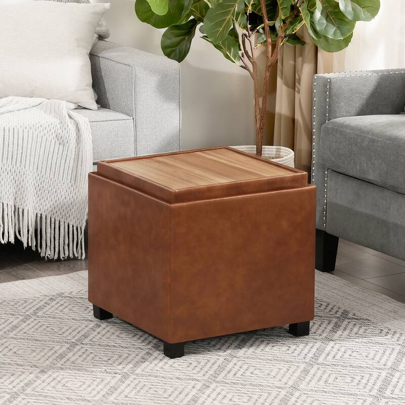 Adeco Storage Ottoman With Tray - Chocolate-brown-with-wooden-tray