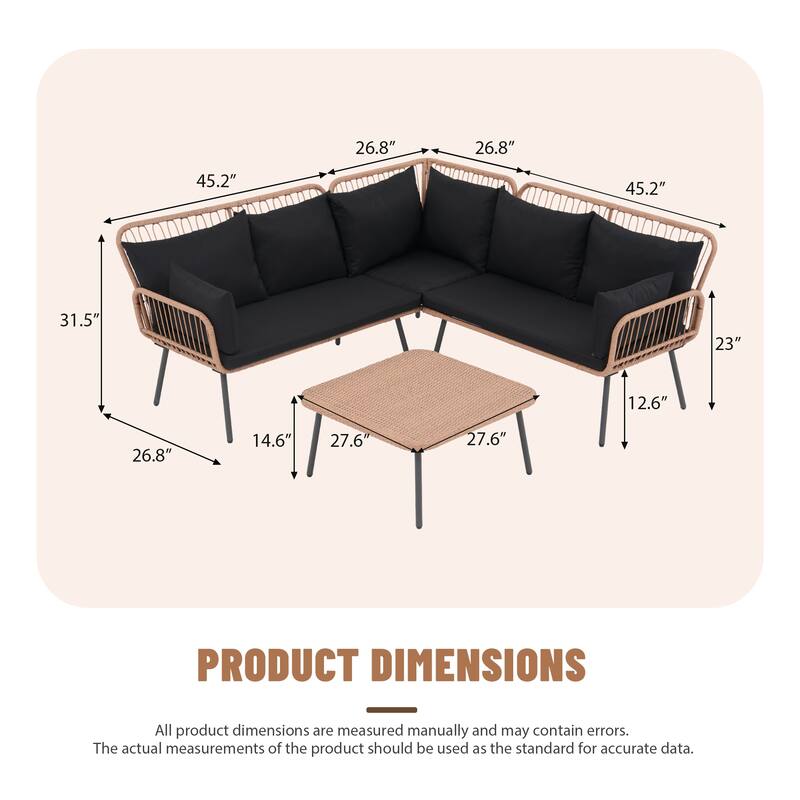 Outdoor Patio Furniture L-Shaped Corner Wicker Sofa Set with Coffee Table