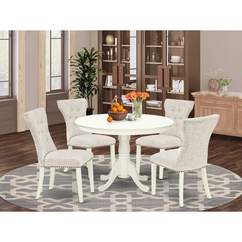 HomeStock 5-Piece Round Linen White Finish Solid Wood Top Dining Table with 4 Parson Chair with Lattice Back