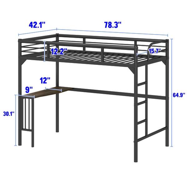 dimension image slide 1 of 2, Twin Size Metal loft Bed with Desk, Ladder and Guardrails, Bookdesk under Bed for Bedroom
