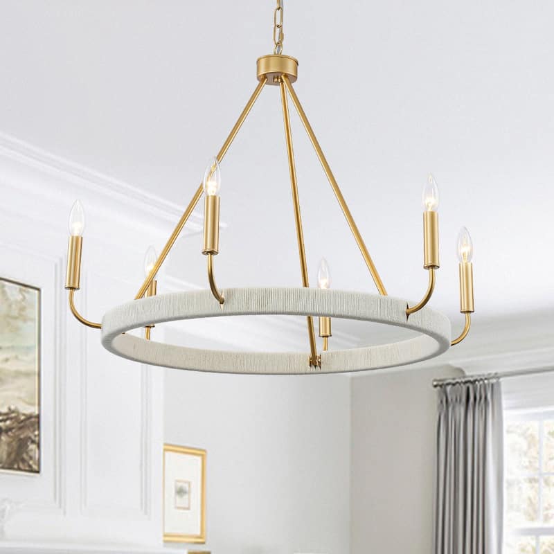 Modern Lodge 6-Light Candle-style Circular Chandelier - 30.1 in - Brass & Off-white