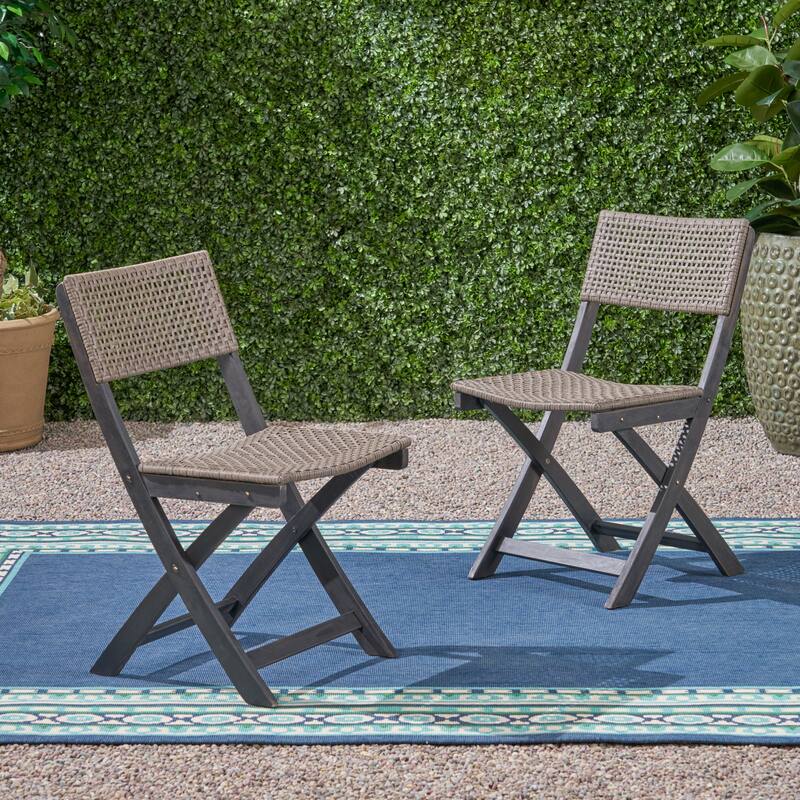 Roomfitters Set of 2 Foldable Wicker Bistro Chairs, Acacia Wood Frame with Traditional Caning, Grey + Brown