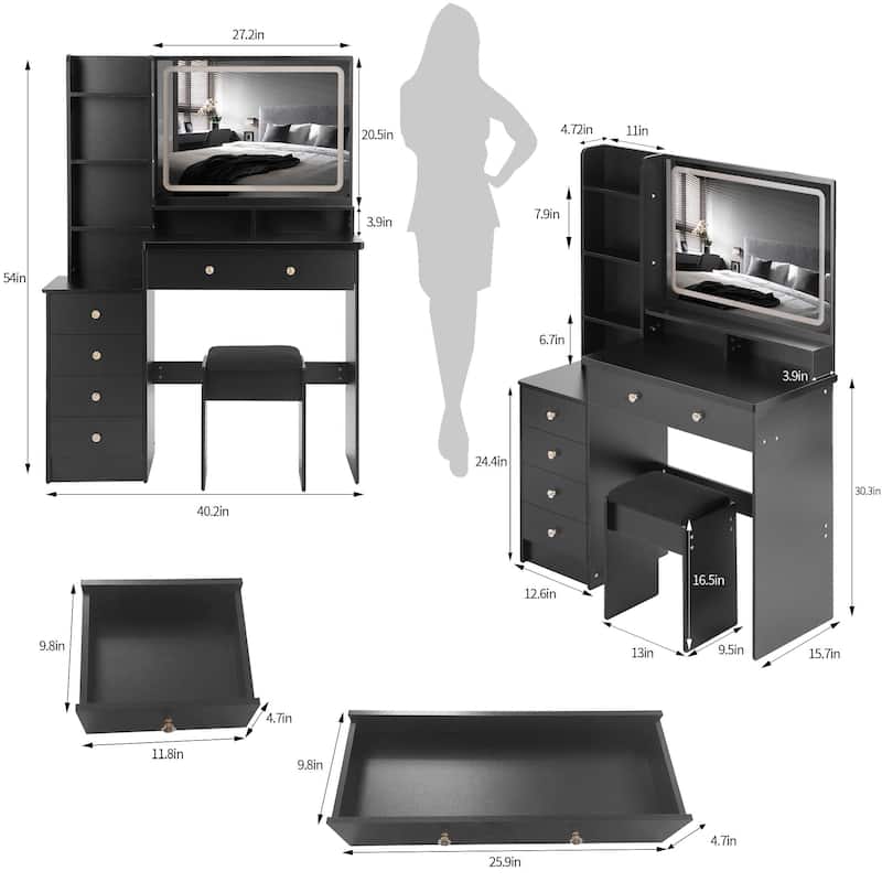 41"Large Size Left Bedside Cabinet Vanity Table+Cushioned Stool, Extra Large LED Mirror, Multi Layer High Capacity Dresser