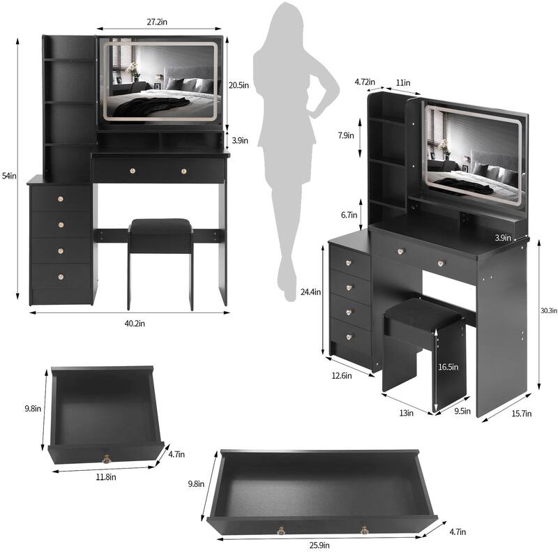 Vanity Desk with Touch Control LED Sliding Mirror, Large Capacity Dresser Table Set, Makeup Vanity with 5 Drawers & Stool