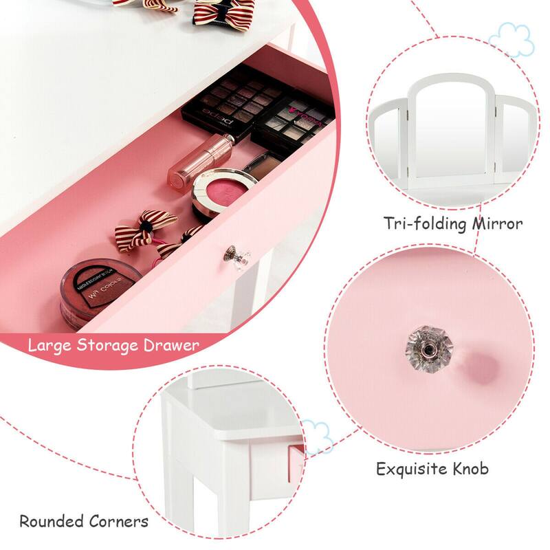 Gymax Kids Vanity Princess Make Up Dressing Table W/ Tri-folding - See Details