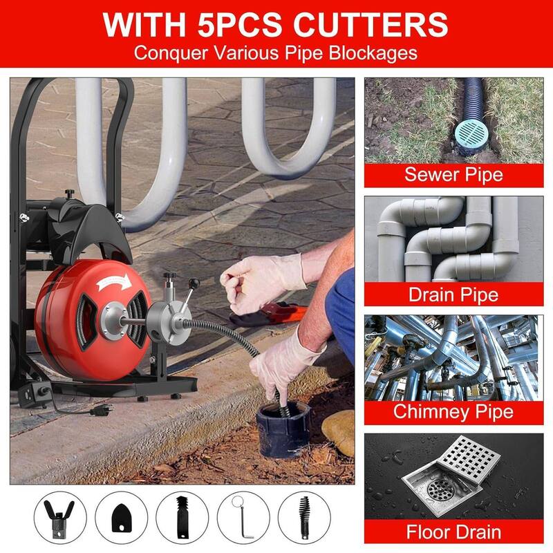 75Ft x 1/2in Auto-Feed Electric Drain Cleaner, 450w Sewer Snake for 2-4 Inch Pipes