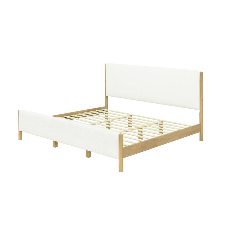 Roomfitters White Boucle Upholstered Bed with Rubberwood Legs, Modern Platform