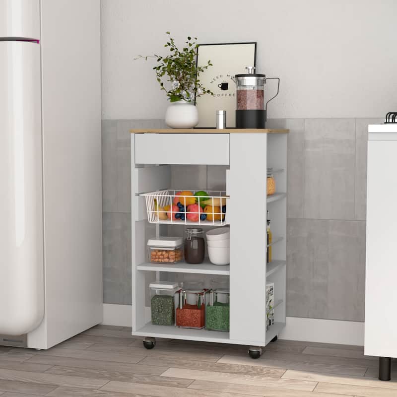 Kitchen Cart, One Drawer, Two Open Shelves, Four Casters -White / Light Oak - White