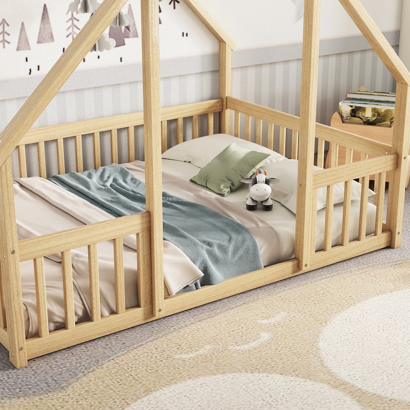 Full Size Pine Wood House-Shaped Floor Bed with Guardrails