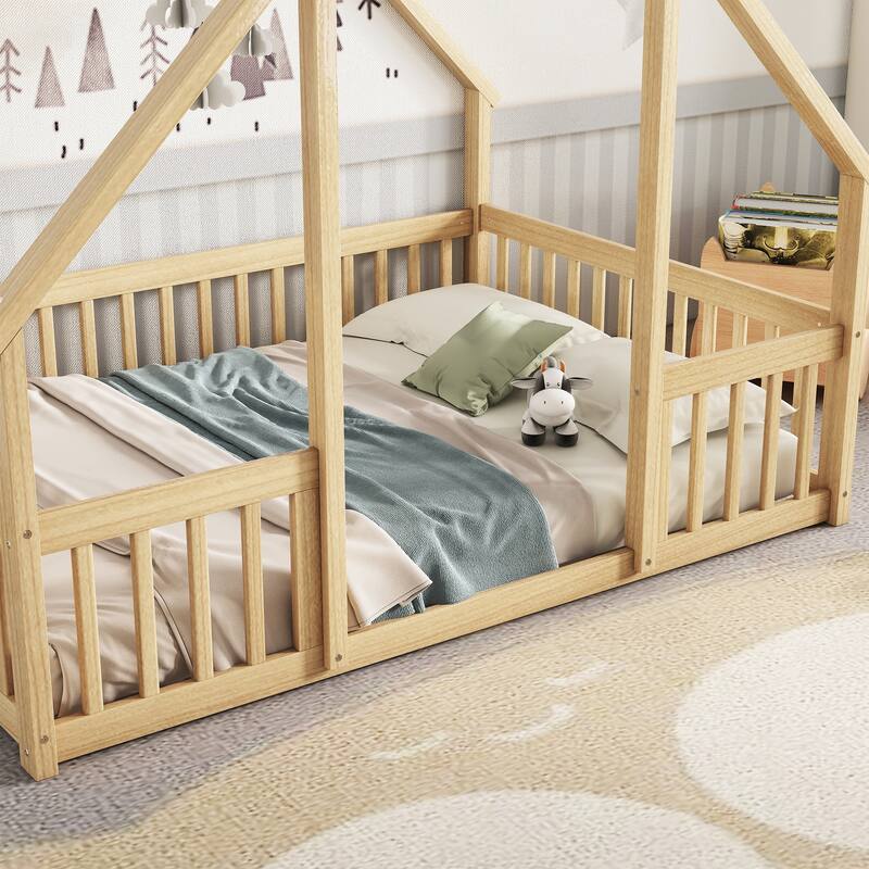 Full Wood House-Shaped Floor Bed with Fence, Guardrails for Small Space, Living Room, Bedroom, Apartment