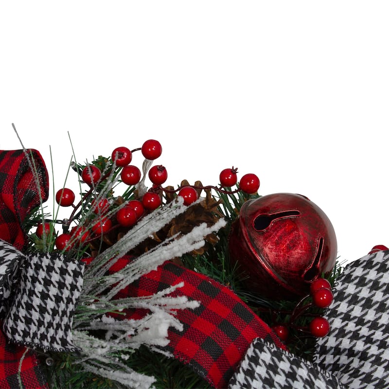 Plaid Houndstooth Red Berries Artificial Christmas Wreath - 24", Unlit