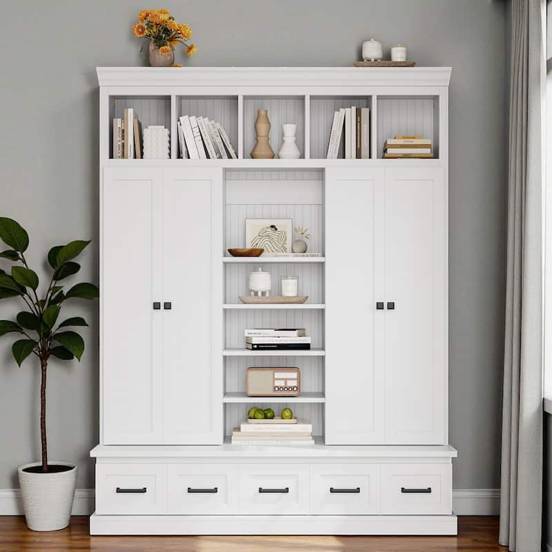 78.7'' H Hall Tree with Bench, 5 Cubbies, 4 Doors & 5 Drawers, Adjustable Shelves Entryway Storage Cabinet - White