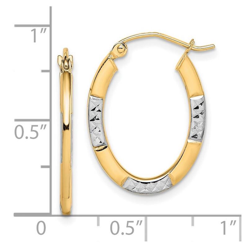 Curata 10k Yellow Gold and Rhodium Sparkle Cut Oval Hoop Earrings 23x1.5mm