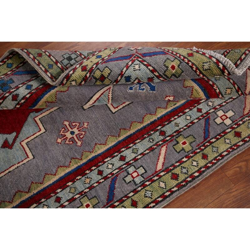 Gray Geometric Kazak Foyer Rug Handmade Oriental Wool Carpet - 3'4" x 5'5"