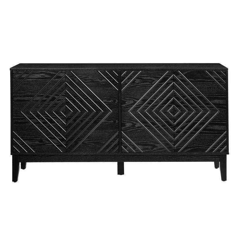 Farmhouse Fluted Buffet Cabinet with Concealed Handle Cabinet Doors for Living Room, Kitchen and Dining Room, Black