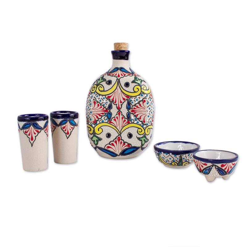 NOVICA Artisan Handblown Ceramic Tequila Set Mexican Multicolor Drinkware Shot Glasses 'Talavera Beverage'(Set of 5)