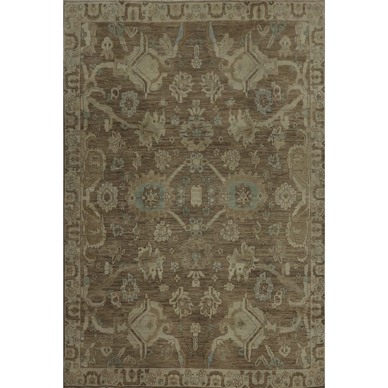 Hand Knotted Oriental 100% Wool Carpet Transitional All-Over Brown Oushak Area Rug - 10' 0'' X 7' 9''