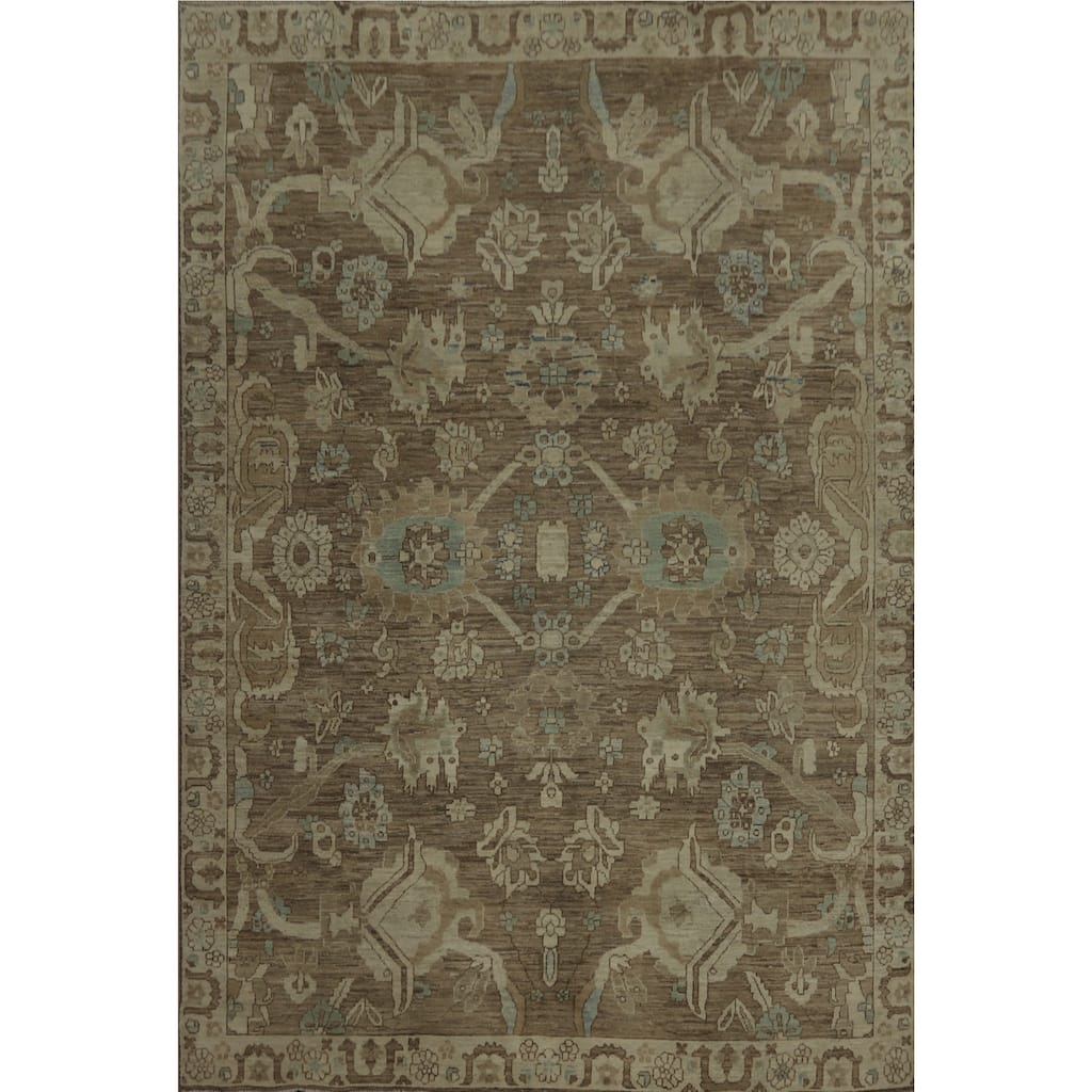 Hand Knotted Oriental 100% Wool Carpet Transitional All-Over Brown Oushak Area Rug - 10' 0'' X 7' 9''