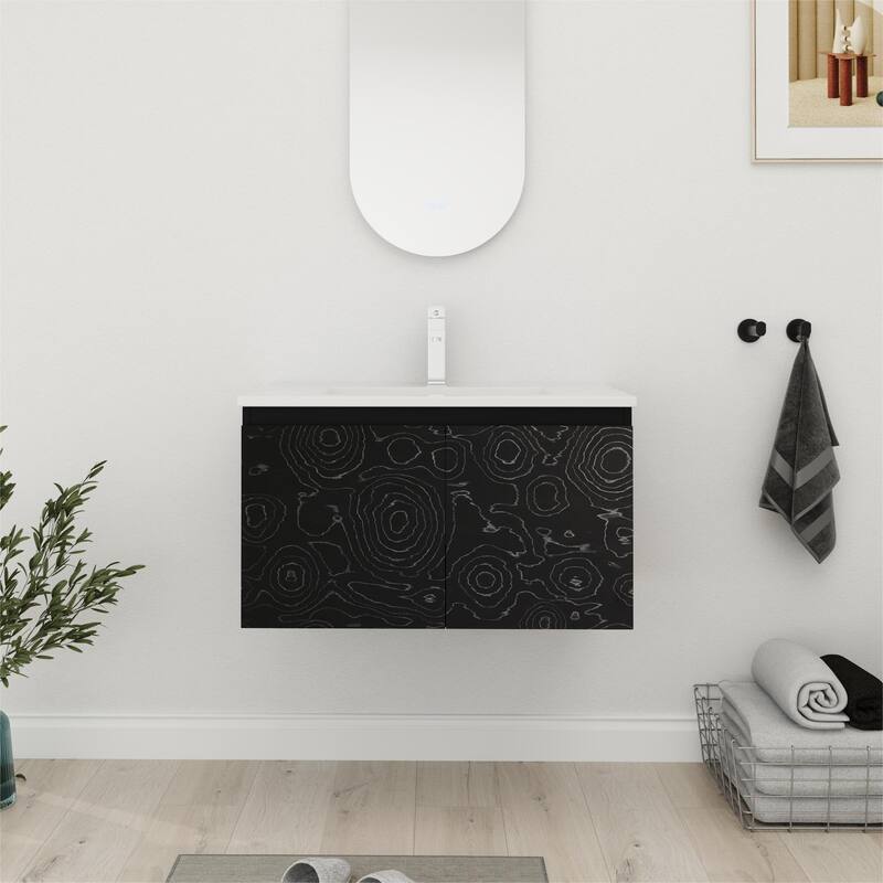 Bathroom Vanity With Sink In 24/30 Inch, Floating Bathroom Vanity with Soft Close Door - 30''W×18.3''D×17.3''H - Black Maple
