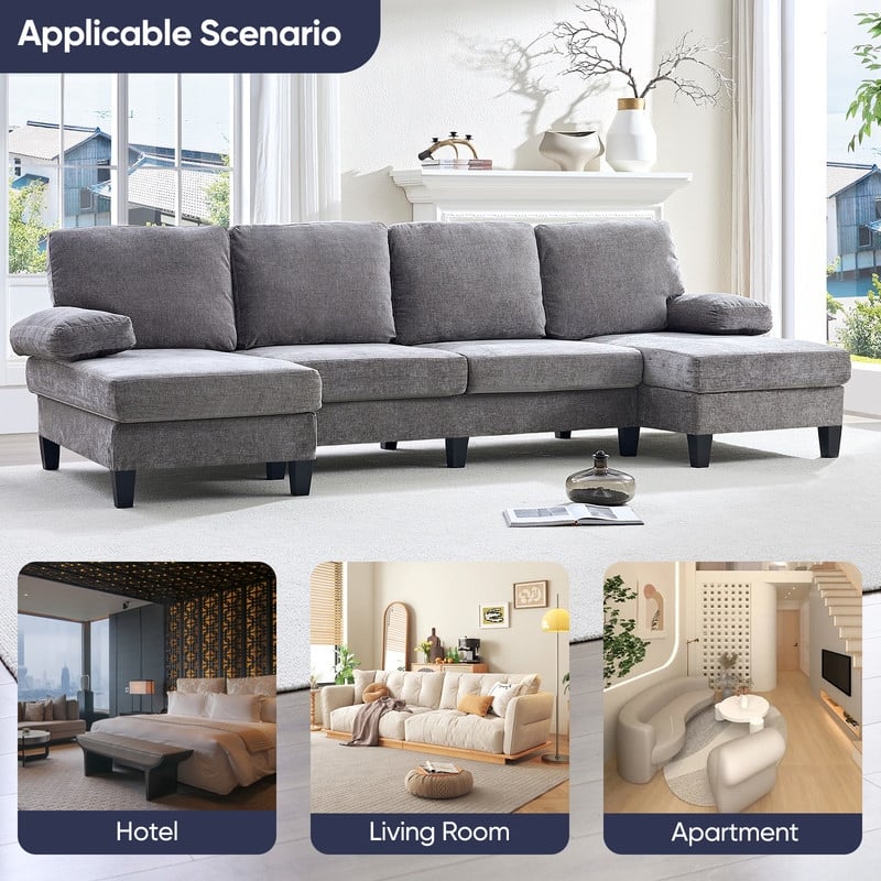 Mixoy 110"U-Shaped Sectional Couches,Chenille Fabric Upholstered Large 4-Seater Sofa with Double Chaises and Sleepable Armrest