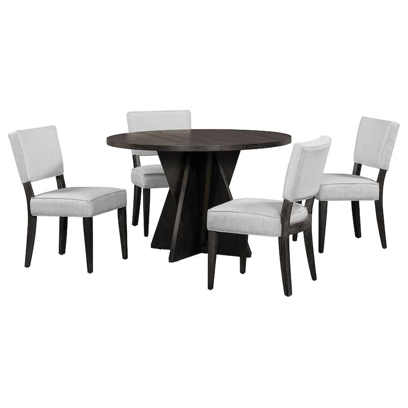 5 Piece Wood Round Dining Table Set with 4 Upholstered Chairs