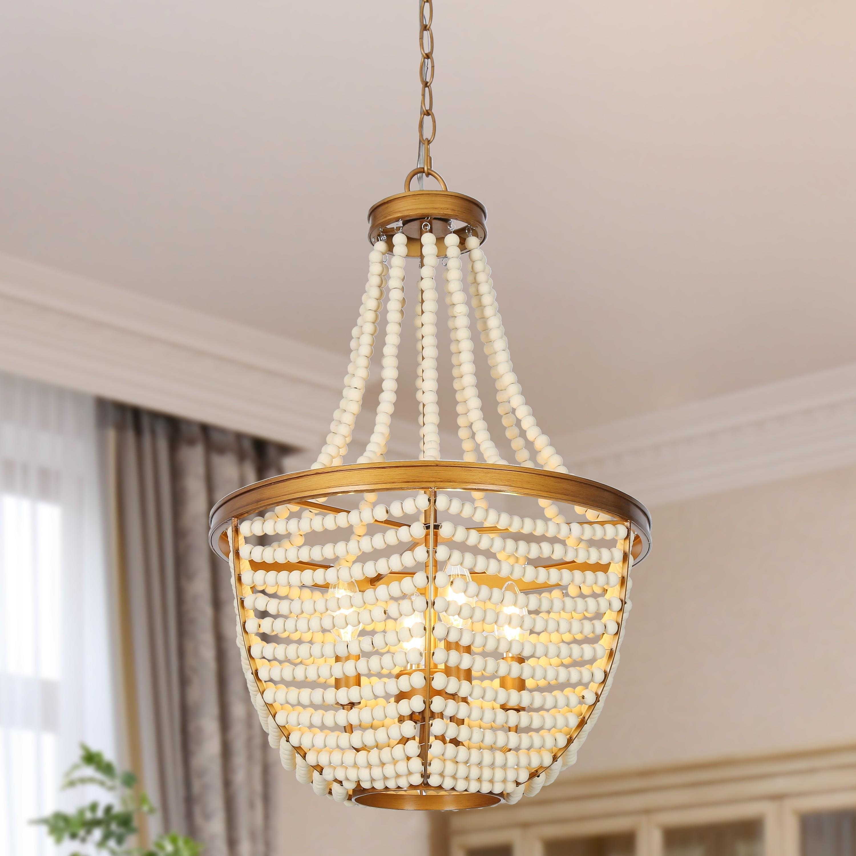 Luxury Empire Wood Beaded Chandeliers Boho Distressed White Vintage Glam Gold Decor Ceiling Lighting Bedroom - D 16.5'' x H 86''