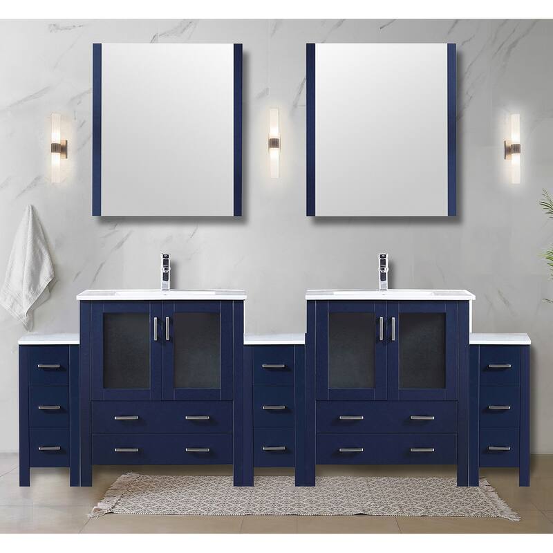 Volez Double Bath Vanity with Side Cabinets, White Ceramic Top, 28 in Mirrors and Faucet Set - 96