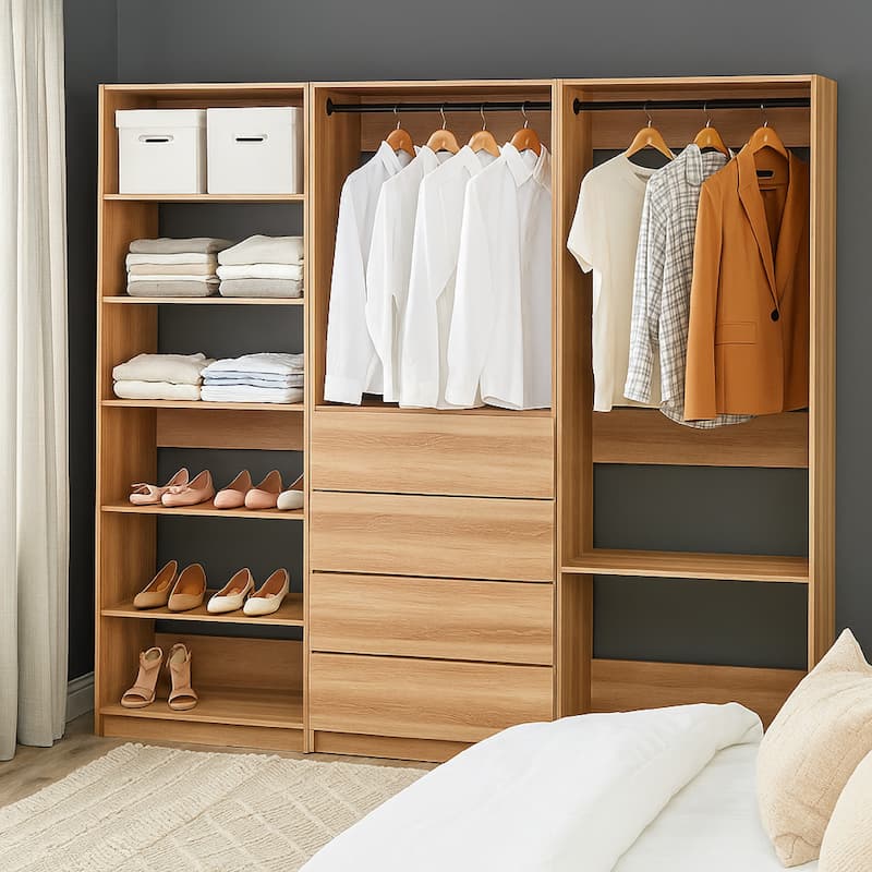 Dee Walk In Closet, Modular Freestanding Storage 9 Shelf 2 Rods Brown