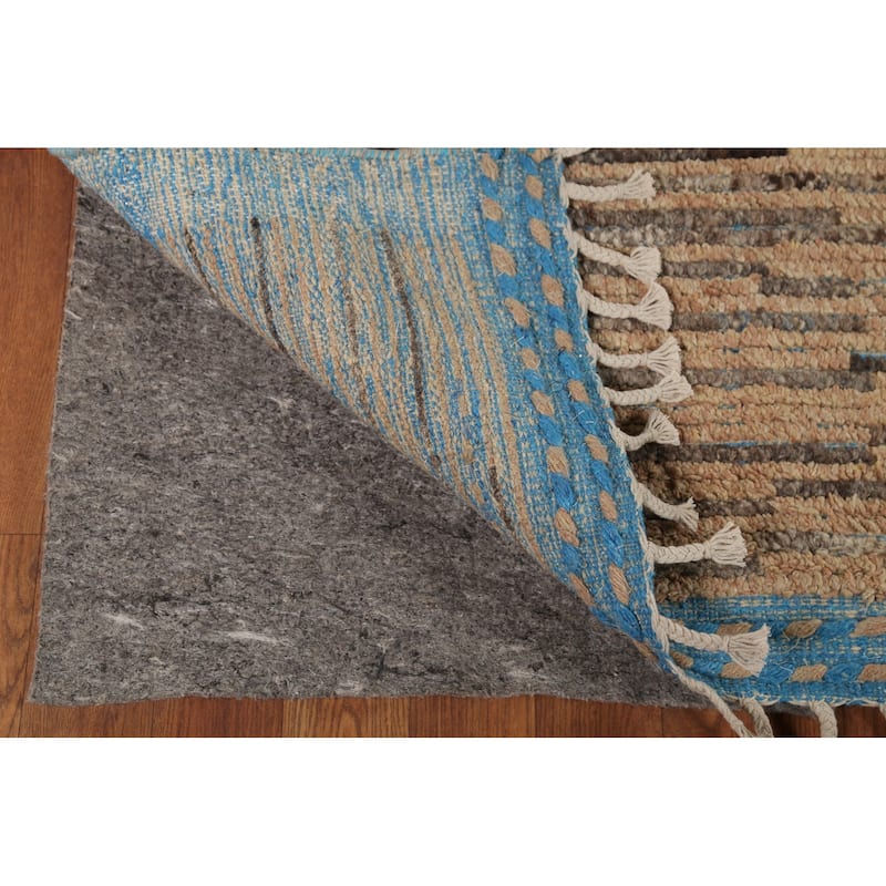 Brown Striped Moroccan Modern Area Rug Hand-Knotted Wool Carpet - 8'9"x 13'0"