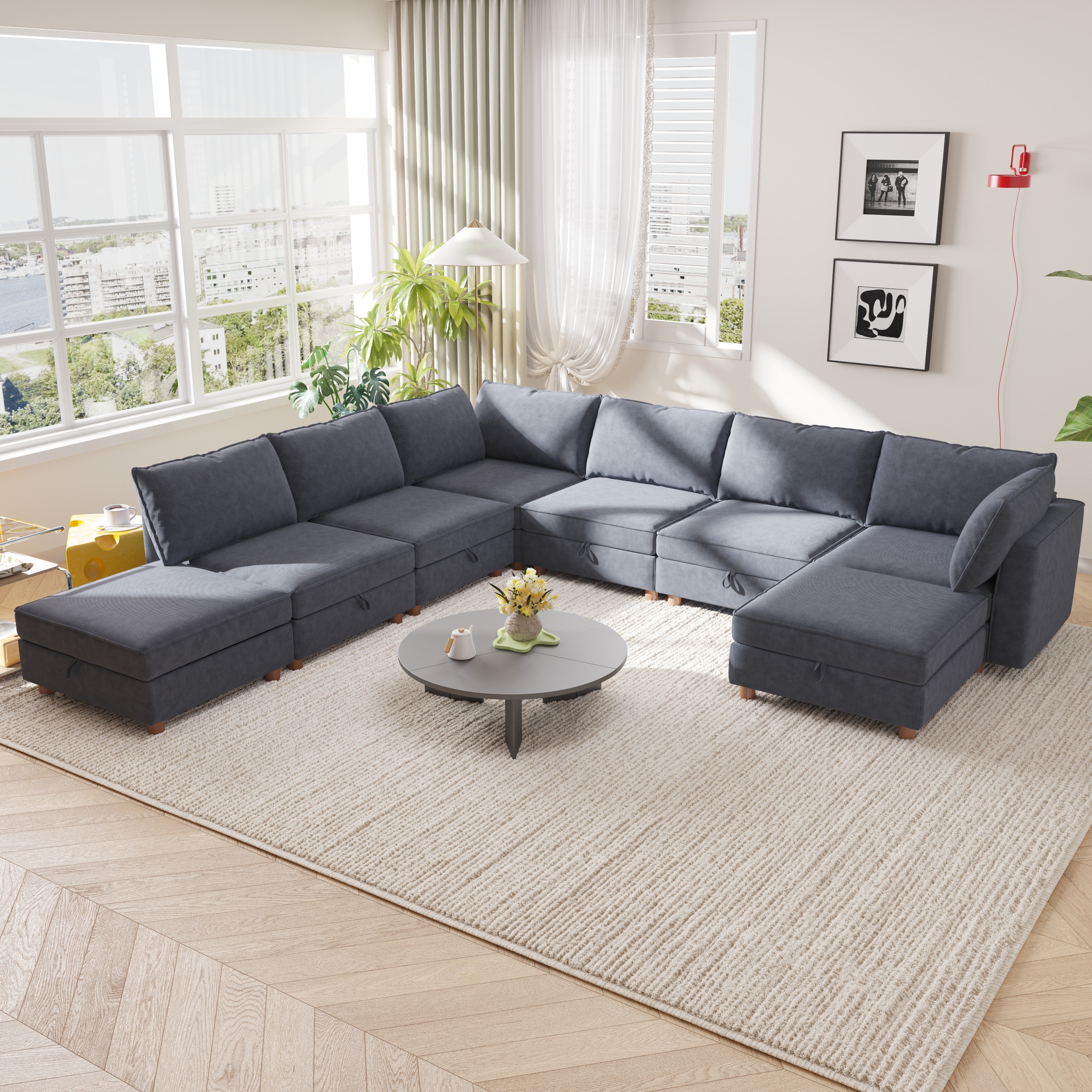 GDFStudio - Waterproof Fabric 8-Seat 127.56" Modular Sectional Sofa with Storage & Solid Wood Frame