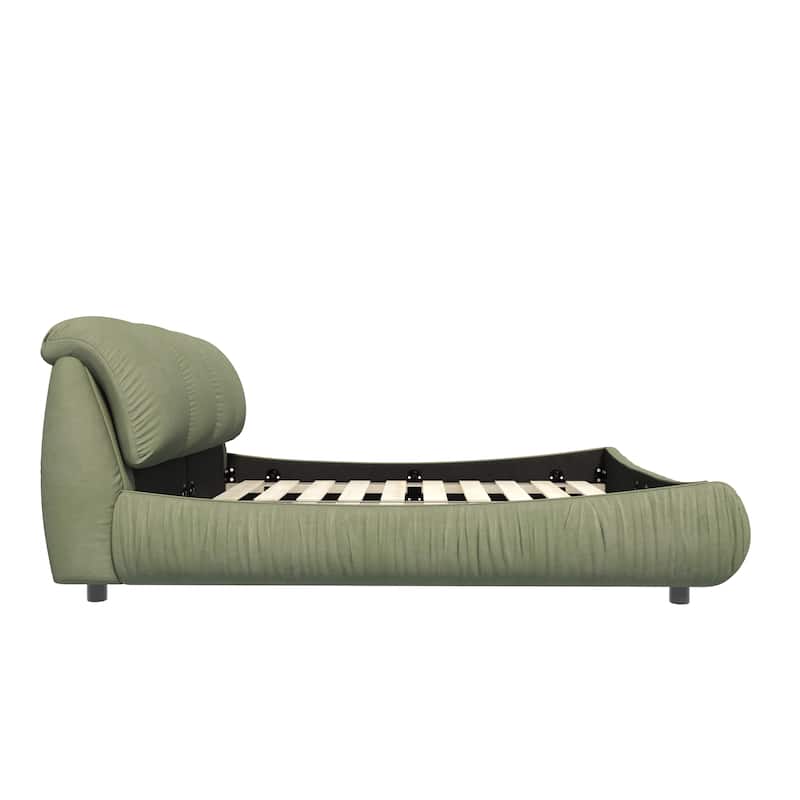 King Size Upholstered Bed Frame with Extra-Wide Cushioned Headboard, Solid Pine Slats & Adjustable Mattress Height