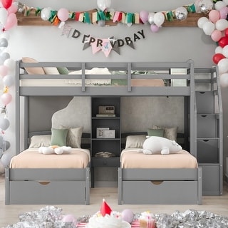 Twin over Twin&Twin Bunk Bed, Triple Bunk Bed with Drawers,Staircase with Storage,Shelves,Maximized Space,Large Storage,Gray