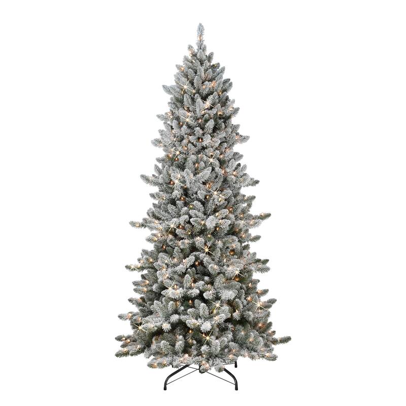 Puleo International Pre-Lit 7.5' Slim Flocked Royal Majestic Spruce Artificial Christmas Tree