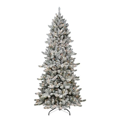 Puleo International Pre-Lit 7.5' Slim Flocked Royal Majestic Spruce Artificial Christmas Tree