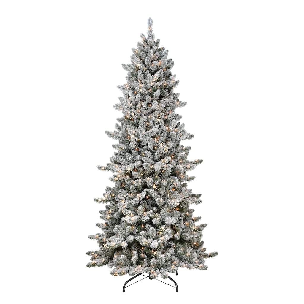 Puleo International Pre-Lit 7.5' Slim Flocked Royal Majestic Spruce Artificial Christmas Tree
