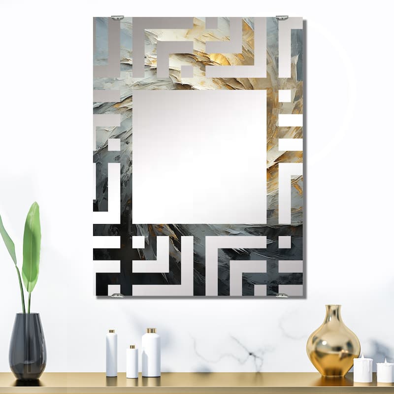Designart "Gold And White Abstract Spiral Collage" Abstract Collages Mirror - Modern Large Wall Mirror For Living Room - 32 in. wide x 24 in. high