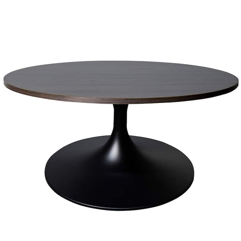 LeisureMod Verve 27" Round Coffee Table with MDF Wood TableTop and Black Steel Base for Living & Bedroom - Dark Brown