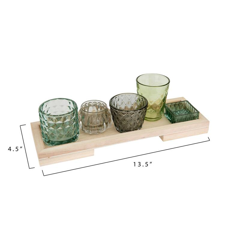 Tealight Holders on Wood Tray - 13.3"L x 4.3"W x 4.3"H