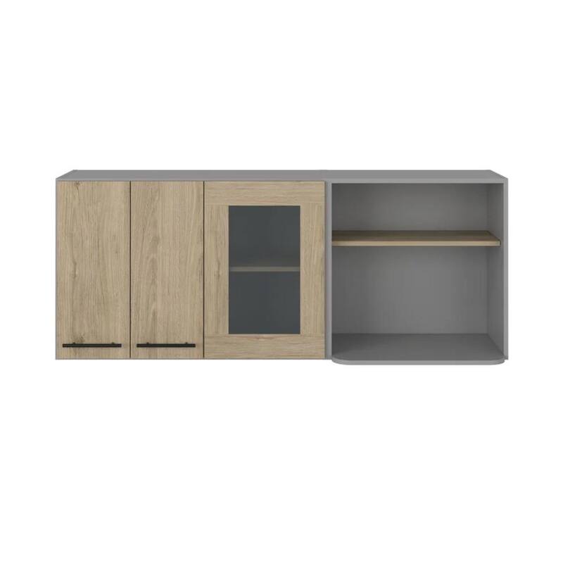 HomeRoots 24" Gray and Natural Wood Wall Mounted Kitchen Cabinet With Three Doors