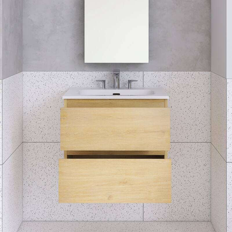 Floating Integrated Bathroom Vanity with Ceramic Sink, Three Faucet Holes