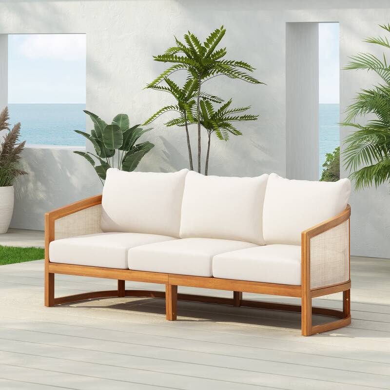 Christopher Knight Home - Liora Outdoor Acacia Wood 3 Seater Sofa - 1 Piece - Teak Finish+Beige Cushion+Fawn Textilene