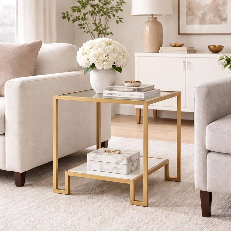 Kix Side End Table, 20 Inch Square Glass Top, Open Shelf, Antique Gold