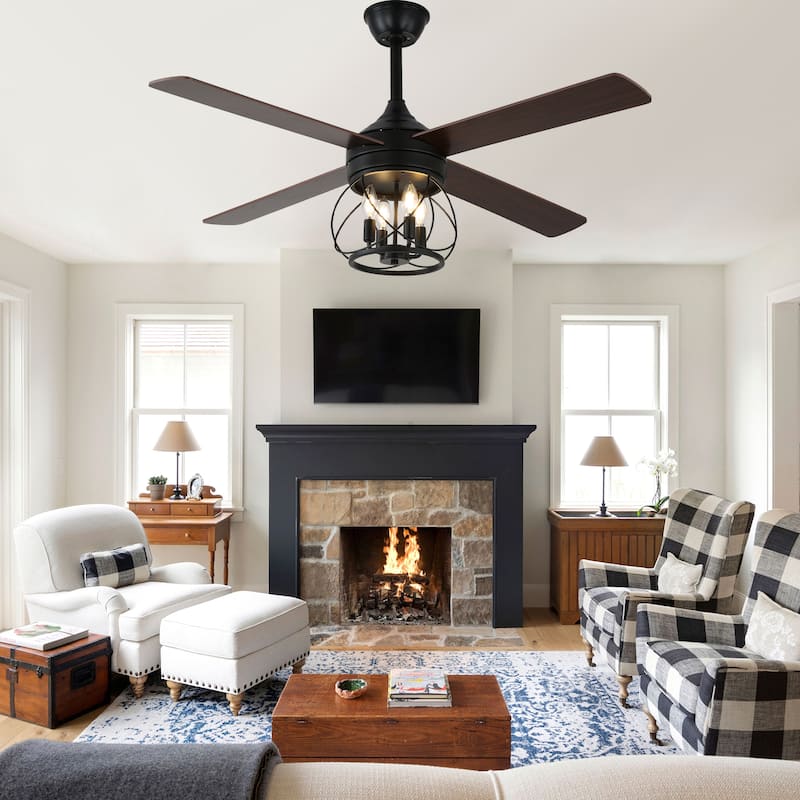 Bella Depot 52" Farmhouse Wood Ceiling Fan with Remote and Light, 6-Speed Indutrial Chandelier - 52 Inches