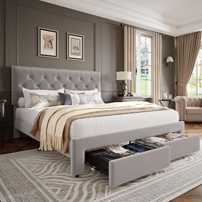 Velvet Upholstered Bed Frame with 2 Drawers, Wingback Tufted Headboard & Wood Slats, Vintage Style