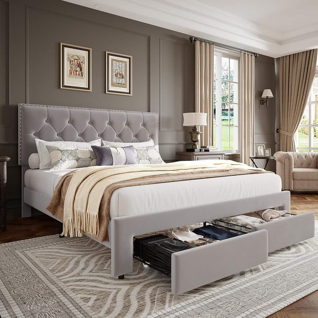 Velvet Upholstered Bed Frame with 2 Drawers, Wingback Tufted Headboard & Wood Slats, Vintage Style