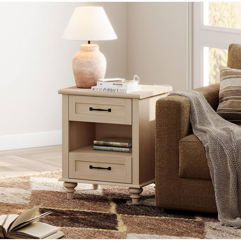 Farmhouse Nightstand Bedside Table, Wood 2-Drawer Side Table