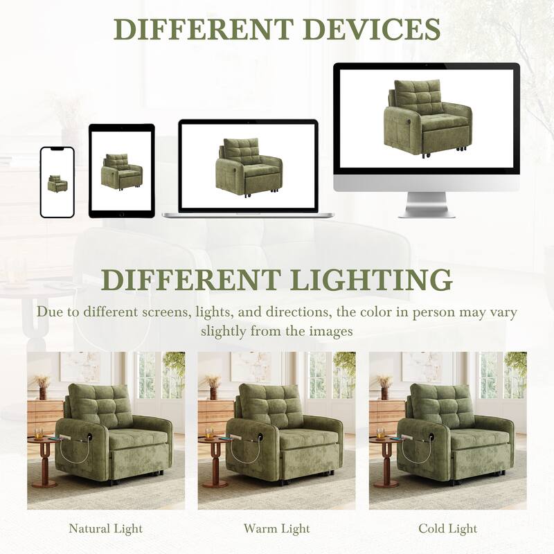 Roomfitters 3-in-1 Sleeper Chair Bed, 80'' Pull Out Lounge with USB Charging, Storage Pockets, Chenille