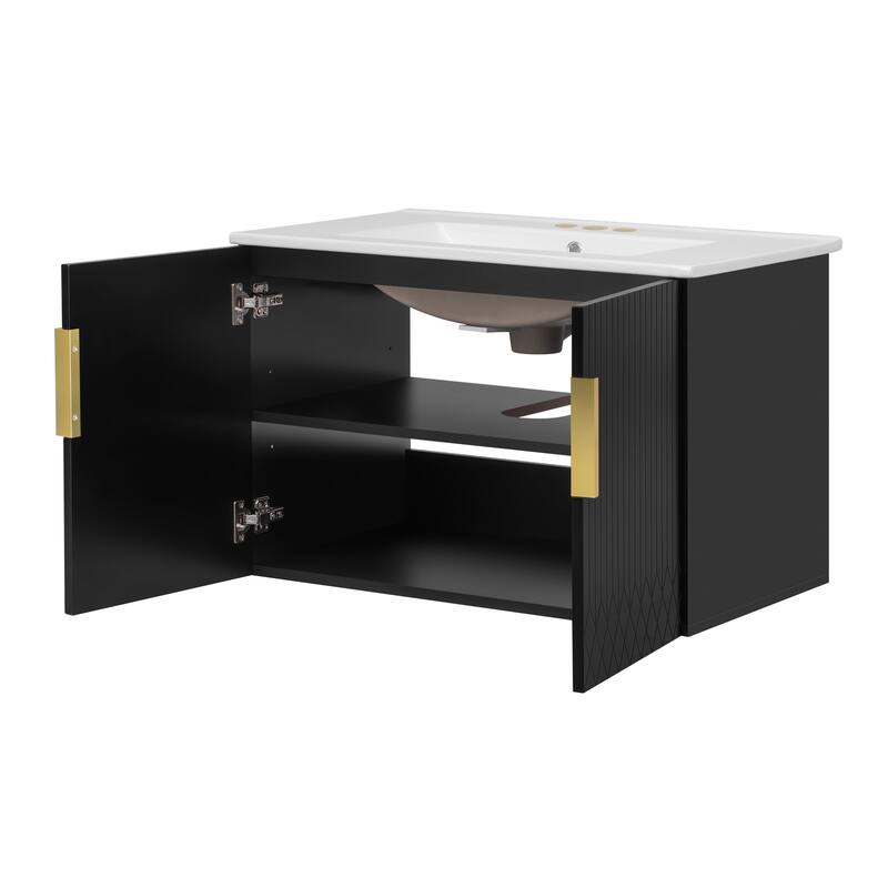 GDFStudio - Millford Modern Bathroom Vanity with Ceramic Sink, Adjustable Storage & 2 Soft Closing Doors - 30'W